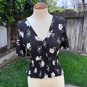 Paper Crane Black Scrunch Stretchy Top Blouse Floral Women's Size Medium